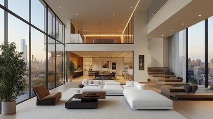 Wide view of a modern office interior with high ceilings, glass walls, open workstations, and stylish lounge seating, highlighted by vibrant orange design accents and natural light.