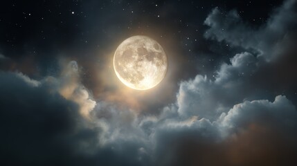 Bright full moon illuminating a starry night sky with dramatic clouds