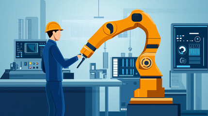 Illustration of an engineer with a hard hat operating an industrial robotic arm in a smart factory environment with digital screens, automation technology, and advanced control systems.