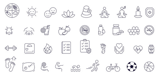 Healthy lifestyle and wellness icons set: fitness, gym, nutrition, healthy food, mindfulness, sleep, yoga, meditation, skincare, immune, supplement, walking, running, soccer, basketball