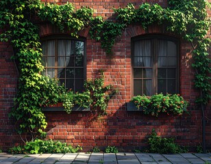 Red Brick Wall With Two Windows Covered In Green Vines And Flower Boxes In Natural Sunlight Provides A Rustic And Tranquil Aesthetic During Daytime
