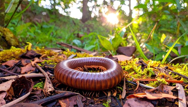 Ringed millipede on forest floor, sunlight