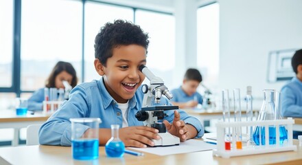 Curious young scientist exploring microscopic wonders in a classroom laboratory setting