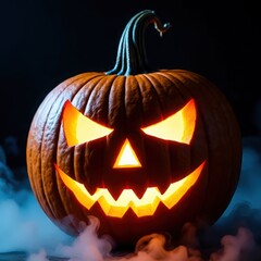 Fototapeta premium Scary Halloween Pumpkin with Fog Cinematic Photograph.