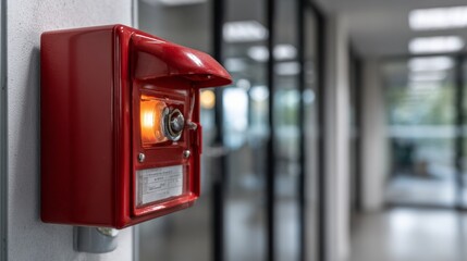Close-up view of a bright red emergency fire alarm box located in a modern office hallway