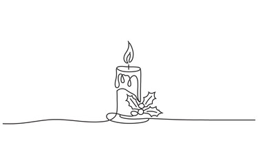 Merry Christmas candle icon, candle drawn with one continuous line. Vector illustration one line art.