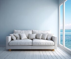 A light-filled room with a light gray couch and large windows overlooking the water. The pale blue walls and white wooden floors create a calming and serene atmosphere.