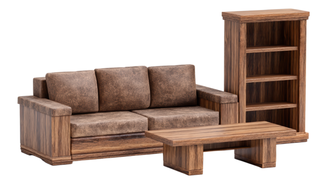 Cozy living room interior, comfortable couch and stylish bookcase with decorative shelf