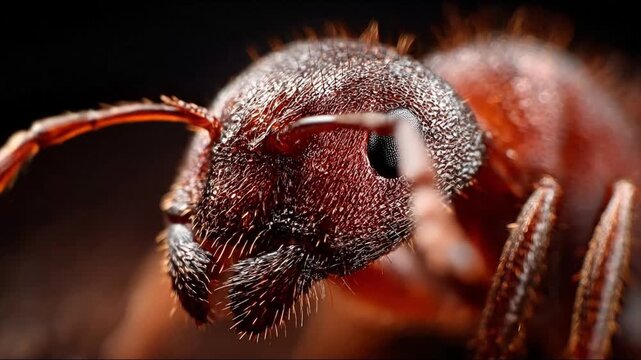 Extreme macro shows an ants head detailed with bristles textured surface and compound eye set against a blurred background