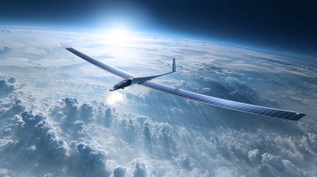 Solar-powered glider soaring above clouds in stratosphere with blue sky horizon