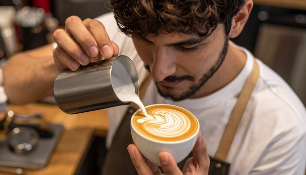 Barista pouring milk art onto latte