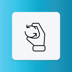 Line icon of a hand turning an object, symbolizing rotatable or swivel furniture parts