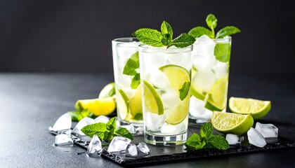 Refreshing lime cocktails with ice and mint