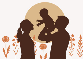 Family with Baby Wall Art Printable Brown Neutral Theme Minimalist Design Elegant Poster for Living Room and Nursery