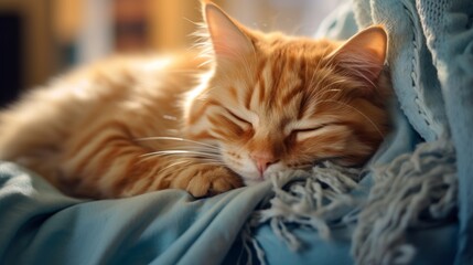 Obraz premium Peaceful ginger cat sleeping on blue blanket in cozy home environment