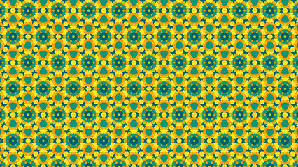 Seamless yellow and green kaleidoscope pattern design for textile and backgrounds use