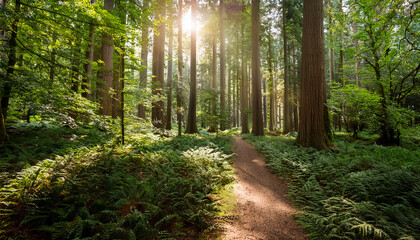Obraz premium Serene Path Through Lush Green Forest With Tall Trees And Sunlight