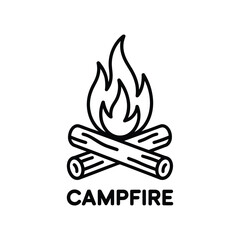 Simple line art icon of a campfire with the word campfire