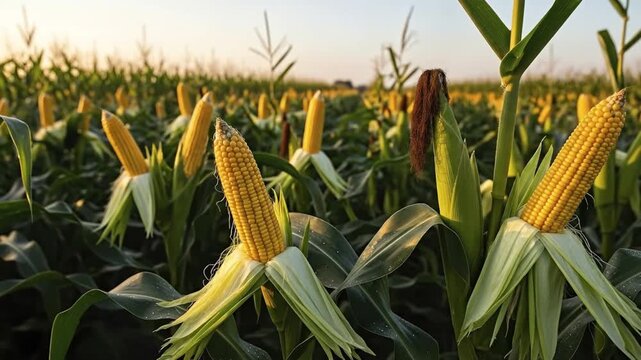 A field of tall corn plants with numerous ripe cobs some partially husked to reveal bright yellow kernels bathed in warm soft daylight