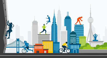 Obraz premium Active people exercising with an urban city skyline.