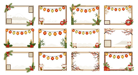 Collection of twelve square frames decorated with japanese new year theme