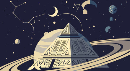 Ancient alien pyramid structure on a ringed planet.
