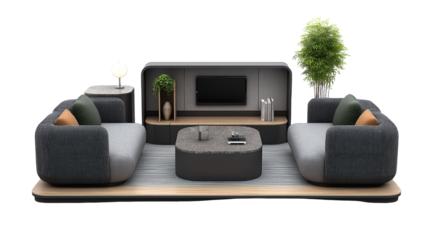 Modern living room interior design, comfortable couch, stylish coffee table, and entertainment center