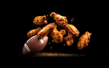 Chicken Wings Falling with American Football on Black Background