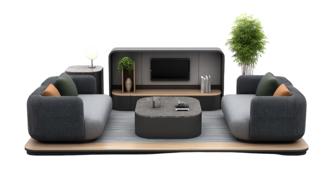 Modern living room interior design, comfortable couch, stylish coffee table, and entertainment center