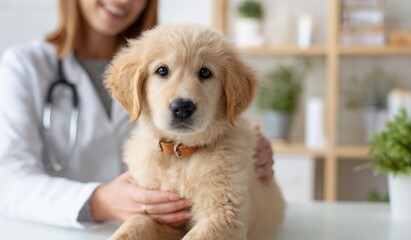 Golden retriever puppy examined by female veterinarian in office