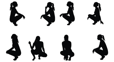Silhouettes of women demonstrating various squatting poses in black and white