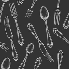 Vintage Hand Drawn Vector Seamless Pattern of Cutlery. Not AI Generated. Retro Chalk Board Fork Spoon Knife Engraved Kitchen Utensils Old Style Illustration