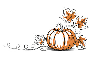 One continuous line drawing of pumpkin fruit illustration, Pumpkin Continuous Line Drawing Halloween Autumn Harvest One Line isolated minimalistic trendy style.
