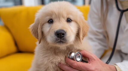 Adorable golden retriever puppy examined by veterinarian