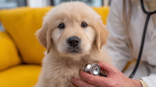 Adorable golden retriever puppy examined by veterinarian