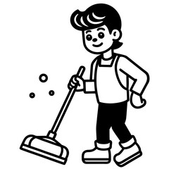 Cleaner Boy Cleaning Floor Vector Icon, Housekeeping, Janitor, and Cleaning Service Illustration