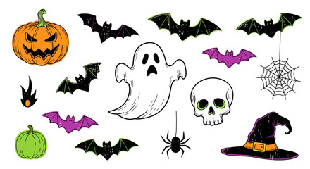 Obraz premium Collection of halloween themed illustrations with bats and pumpkins