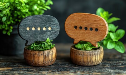 Two wooden speech bubbles, dark and light brown, sit atop small potted plants