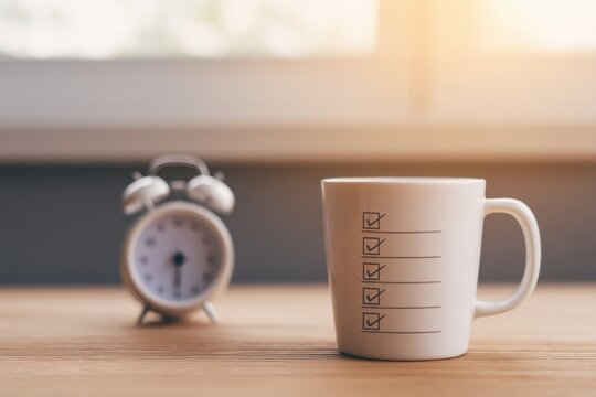 Coffee mug with checklist design sits on wooden table beside alarm clock blurred in background with warm sunlight, symbolizing effective time management, productivity and morning routine. - Powered by Adobe