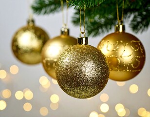 Fototapeta premium Four golden Christmas ornaments hang from a green fir branch with bokeh lights in the background