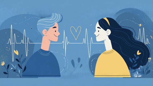 Male and female connection: young caucasian couple with heartbeat illustration in blue tones