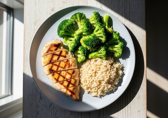 balanced meal with grilled chicken breast, broccoli, and brown rice on plate. top view of healthy dish in bright sunlight. eating, diet, and fitness nutrition concept. food blog, recipe, menu design.