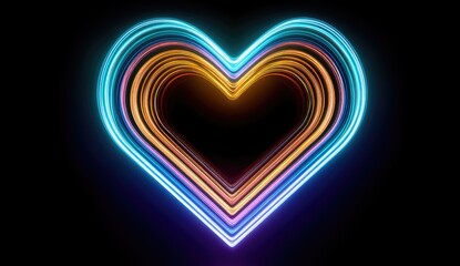 Vibrant neon heart tunnel with glowing concentric rings of light.