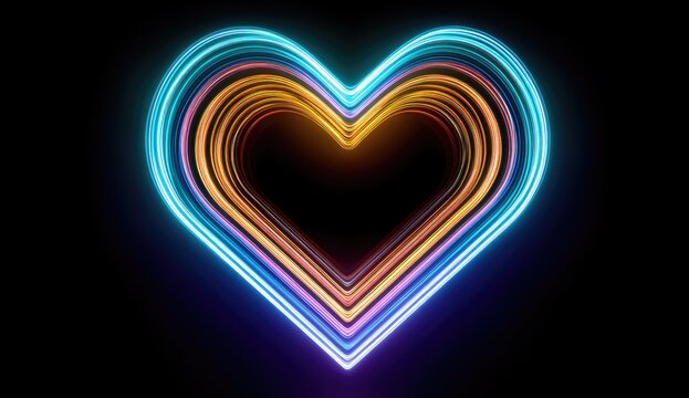 Vibrant neon heart tunnel with glowing concentric rings of light.