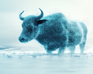Digital bull silhouette against a snowy landscape.  Abstract, modern design