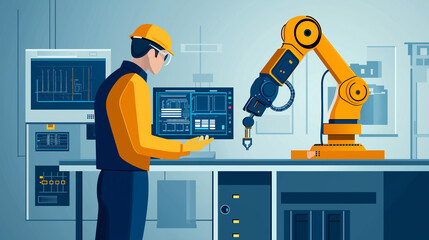 Illustration of an engineer with a hard hat operating an industrial robotic arm in a smart factory environment with digital screens, automation technology, and advanced control systems.