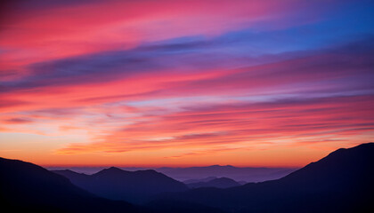 Obraz premium Vibrant Sunset Sky With Pink Clouds Over Distant Mountains And Soft Gradient Hues Vertical