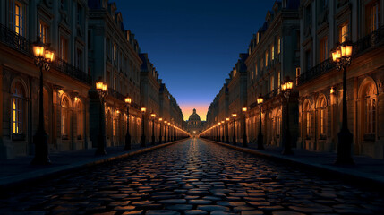 Fototapeta premium Historic Parisian street with aligned cream-colored façades and street lamps