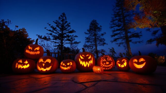 Glowing jack-o'-lanterns with spooky faces in twilight forest setting