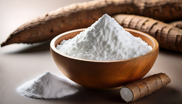 Tapioca Starch Also Known As Tapioca Flour Is Displayed In A Wooden Bowl Along With Dry Cassava Root This Versatile Tapioca Starch Can Be Used In Various Culinary Applications